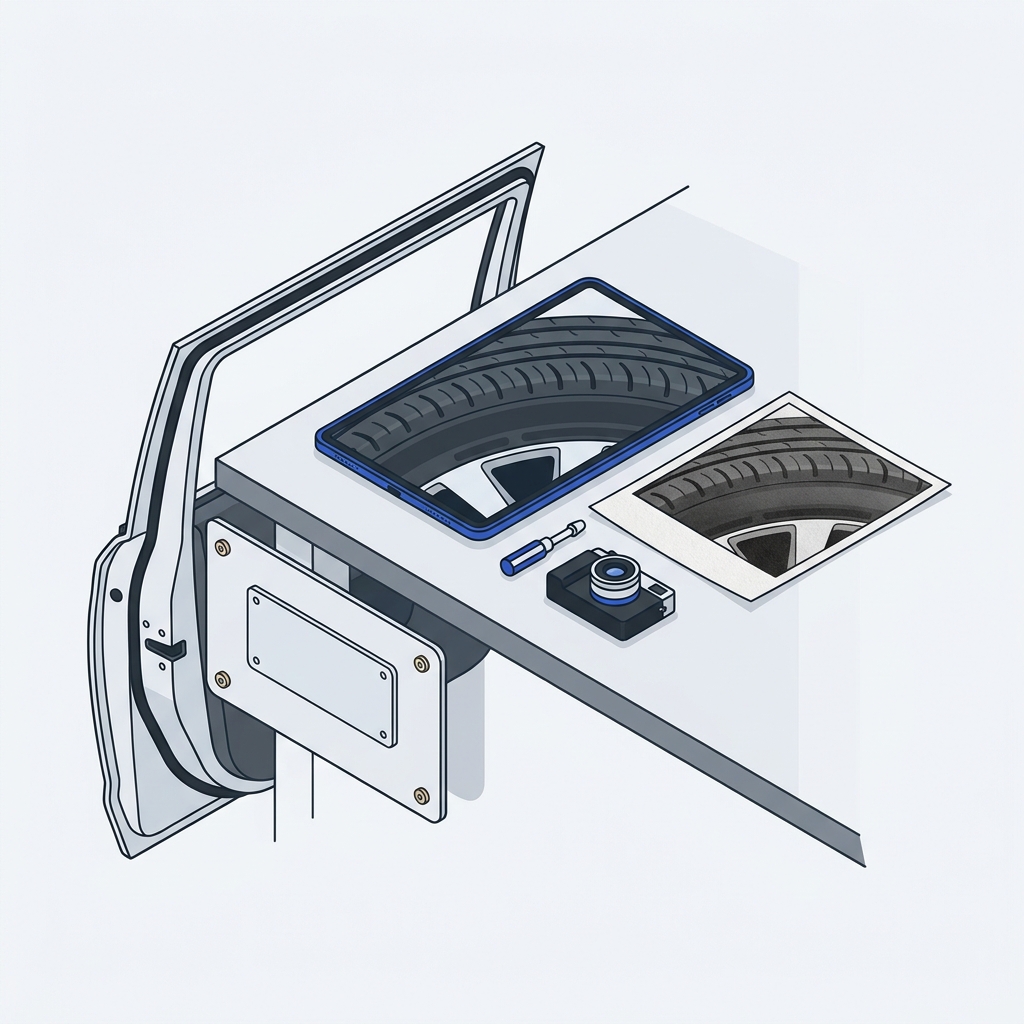 Minimalist 2D vector workshop scene showing an open vehicle door jamb with a blank placard and a photographed tire sidewall shown on a tablet and printed photo on a bench for comparison