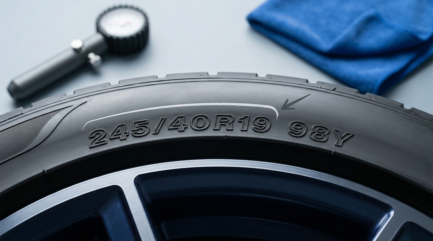 Close full frame shot of a car tire sidewall showing clear size speed and load index markings, graphite and cobalt accents