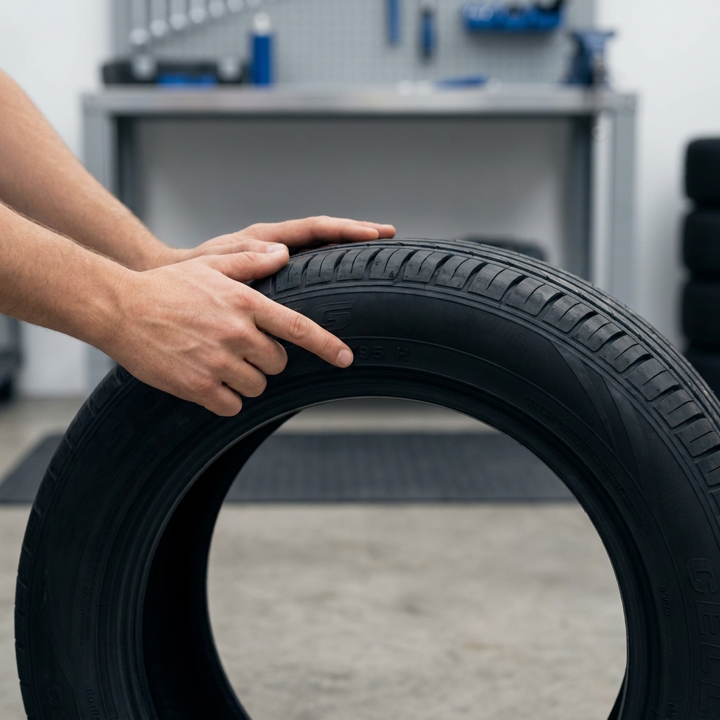 Hands pointing to the load index number on a car tire sidewall in a clean minimalist workshop with graphite and cobalt accents