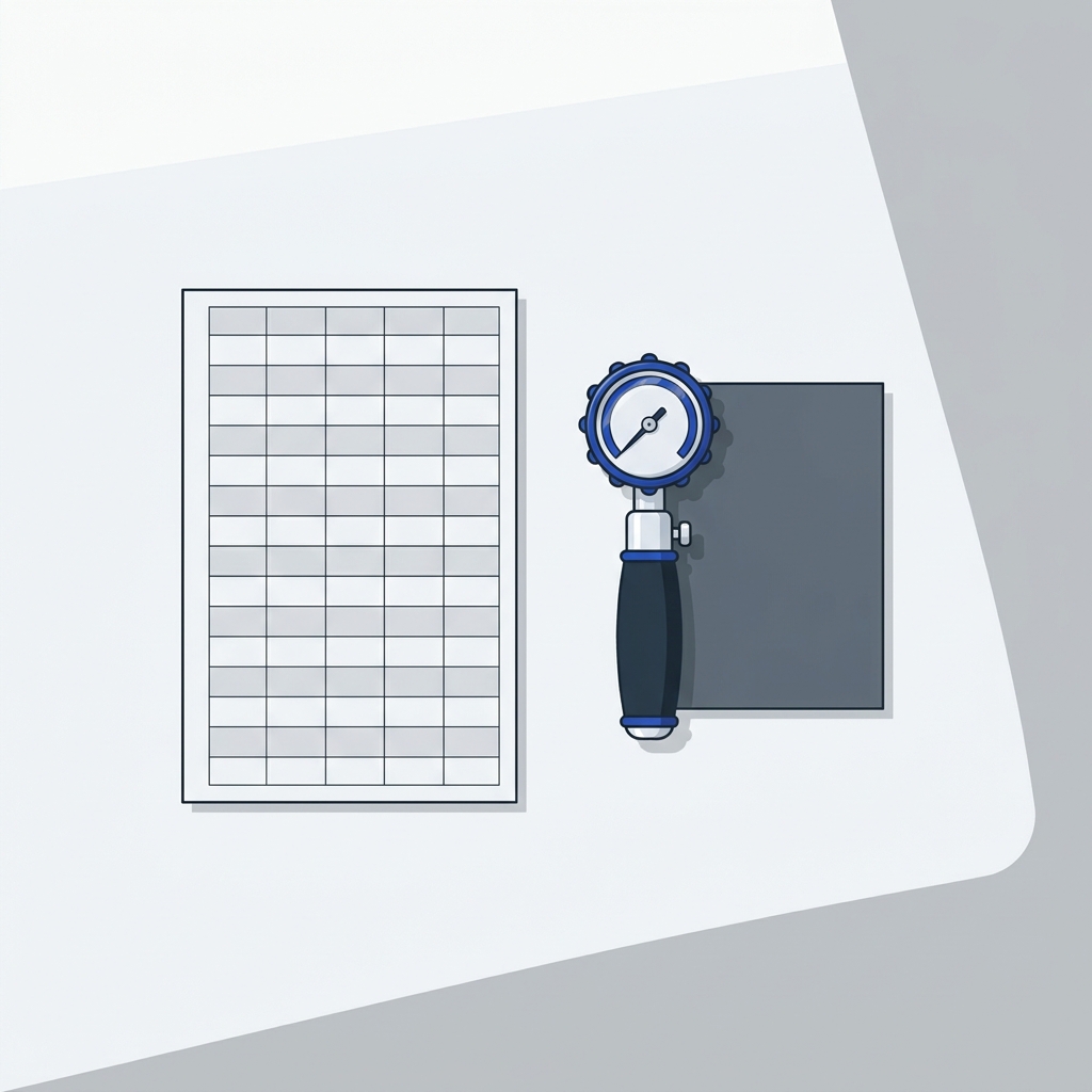 Minimal 2D vector scene showing a blank load index conversion chart beside a tire pressure gauge and a small placard on a Chalk background with graphite outlines and cobalt accents, no text