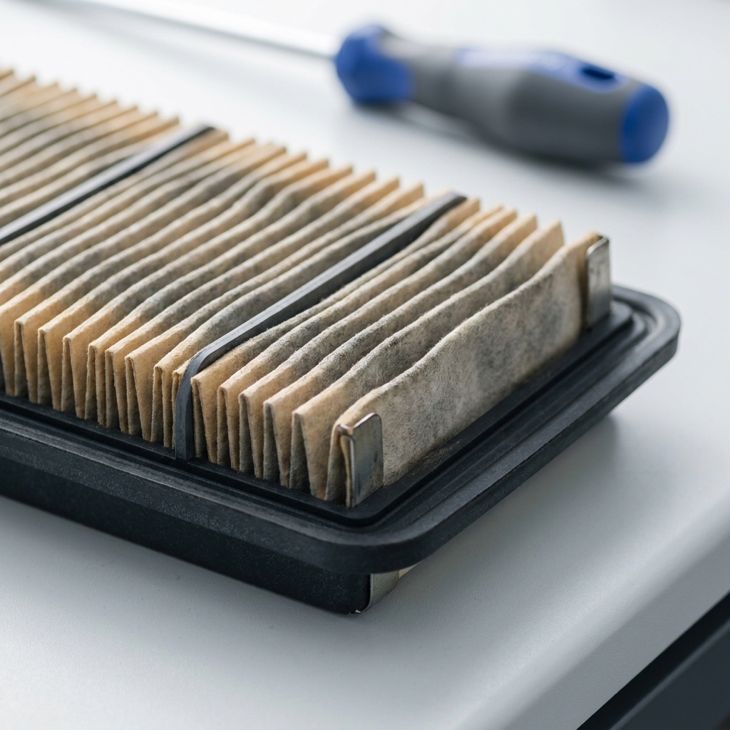 Close up full frame of a pleated engine air filter removed from its airbox on a clean workbench with graphite and cobalt accents showing pleats and mounting flange