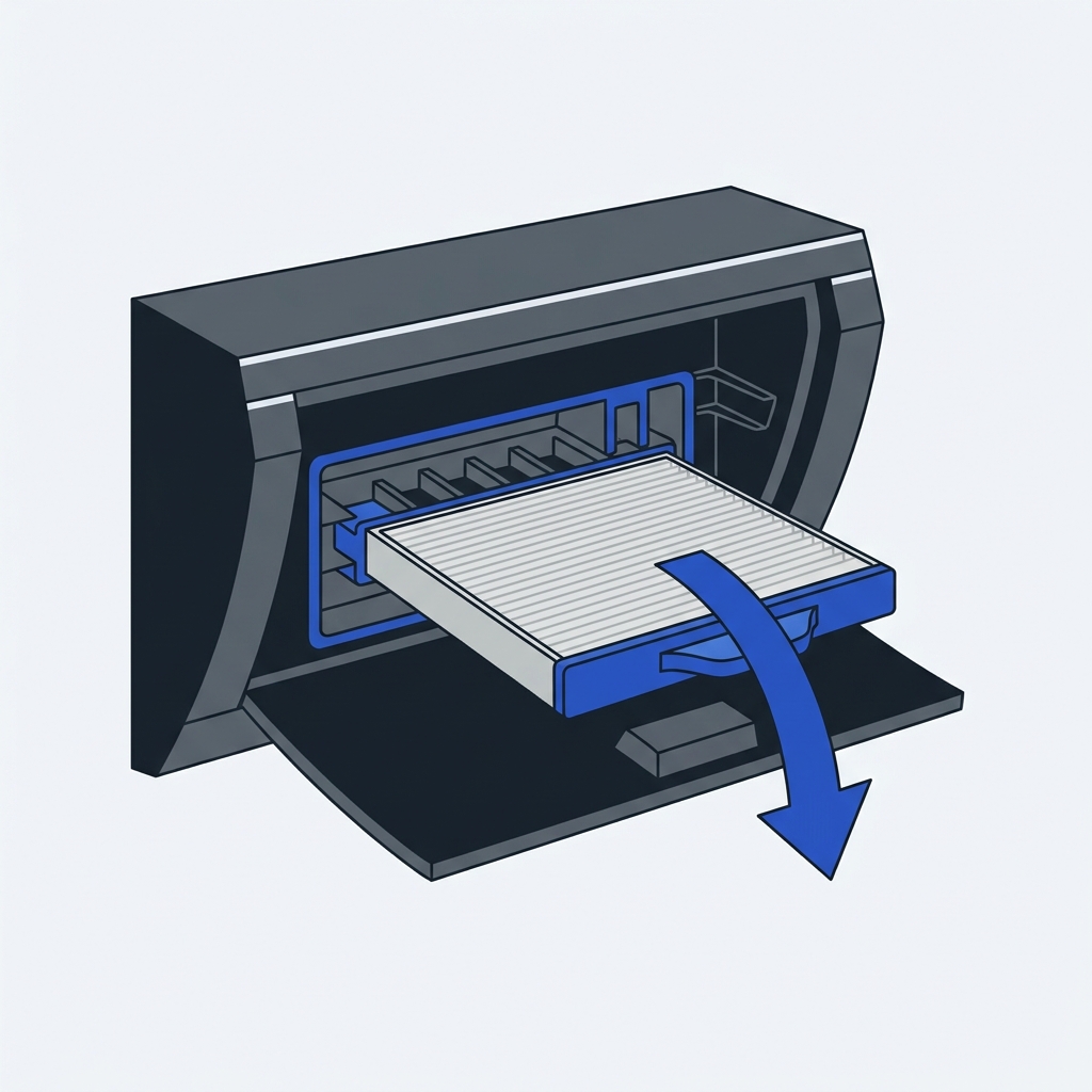 Minimalist 2D vector showing a lowered glove box with a cabin pollen filter being removed from its slot in a clean workshop setting