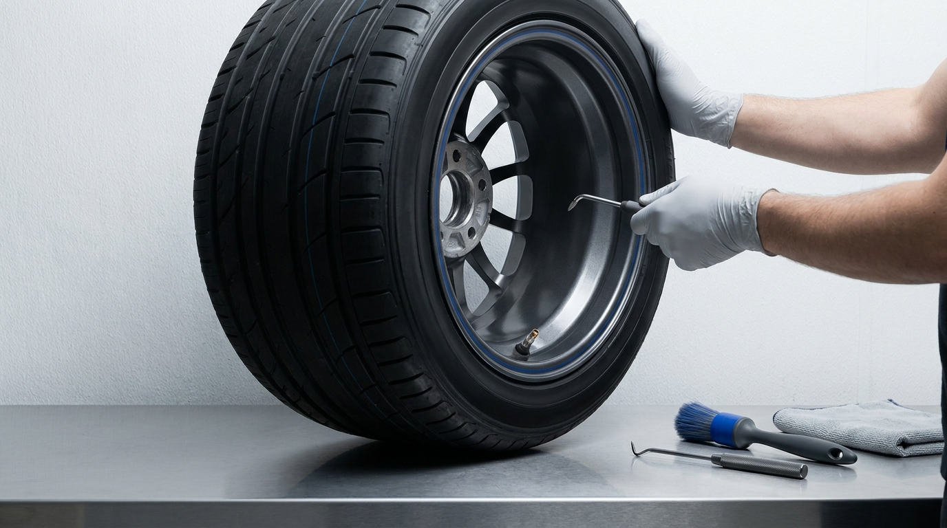 Close three quarter shot of a removed car wheel on a workshop bench showing valve stem area and inner rim with graphite and cobalt accents