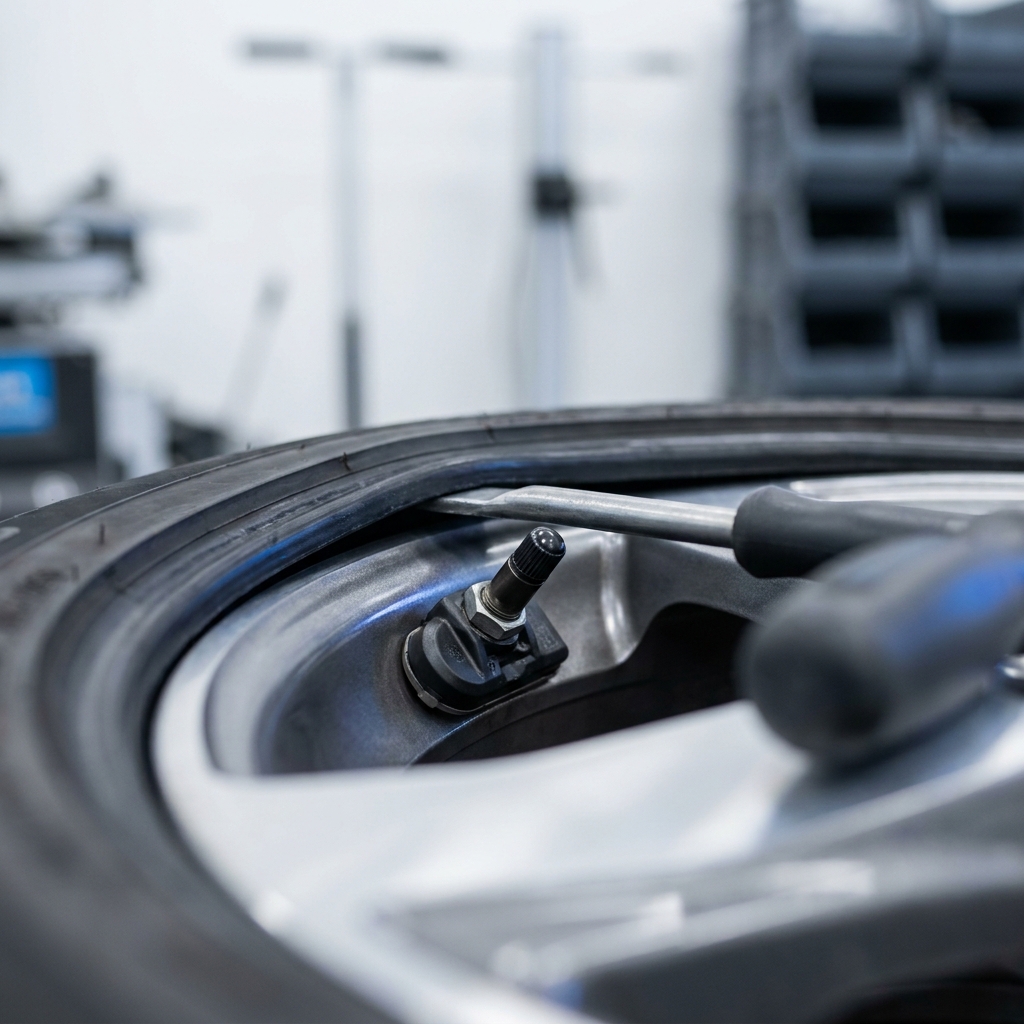 Macro close up of a valve stem mounted TPMS sensor inside an alloy wheel with the tire bead lifted to reveal the sensor in a clean workshop background