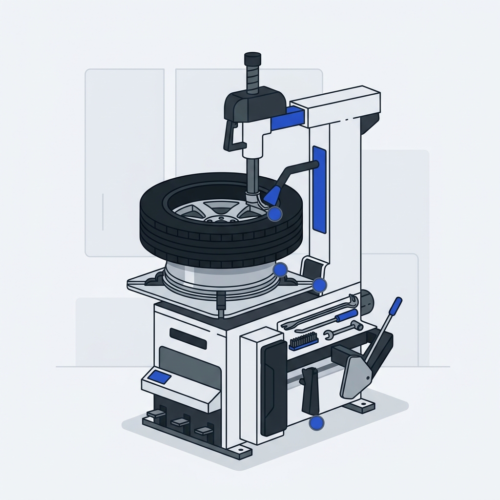 A tire machine with a partially unseated tire showing tool placements and contact point markers for bead removal in graphite and cobalt palette