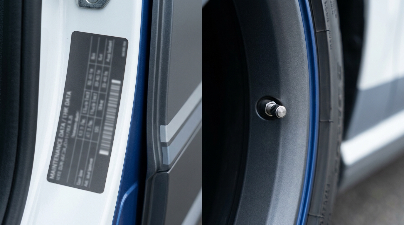 Close up full frame of parked car driver door jamb showing PSI sticker and adjacent tyre valve in graphite and cobalt minimalist styling