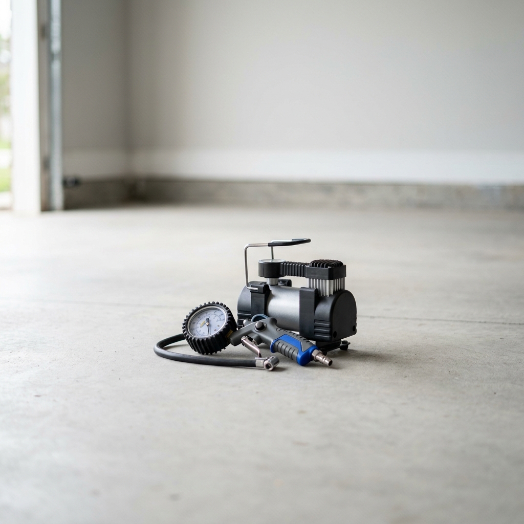 Handheld tyre pressure gauge and compact portable air pump on a clean garage floor with graphite and cobalt accents minimalistic composition