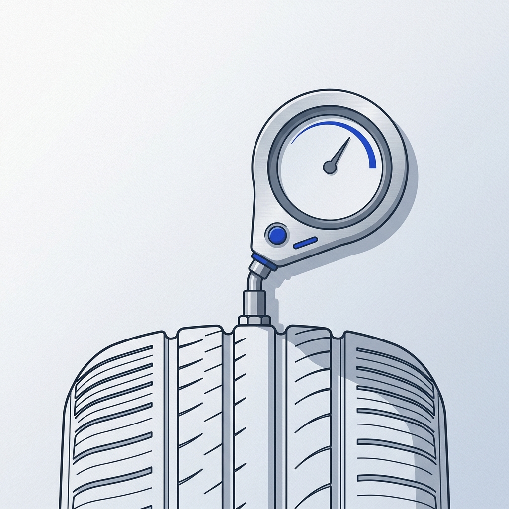 Close up 2D vector of a tyre valve stem and tread with a handheld pressure gauge attached in cool tones minimalist Driven and Kept palette